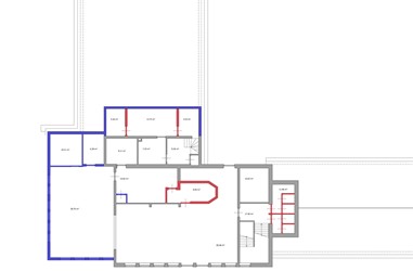 <p>Faseringsplattegrond van de verdieping van gebouw 2. Niet ingekleurd: nieuwbouw 1948, blauw: verbouwing 1964, rood: latere veranderingen. </p>
